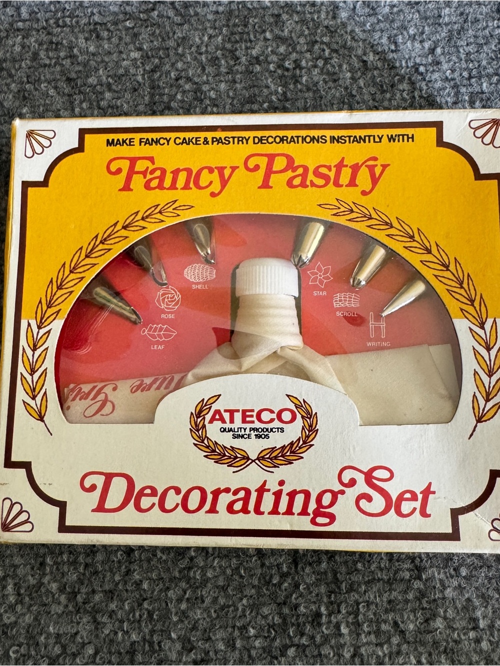 Vintage Ateco Fancy Pastry Decorating Set 6 Tips Icing Bag USA Original Box